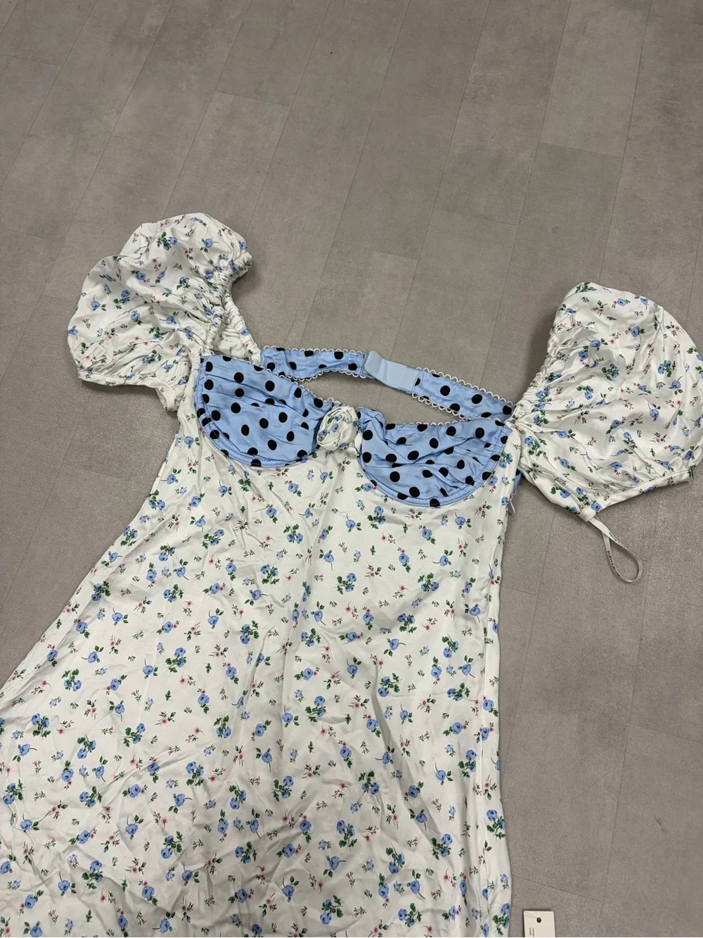 Free People For Love & Lemons Blue Floral Puff-Sleeve Dress w/ Polka Dot Bow